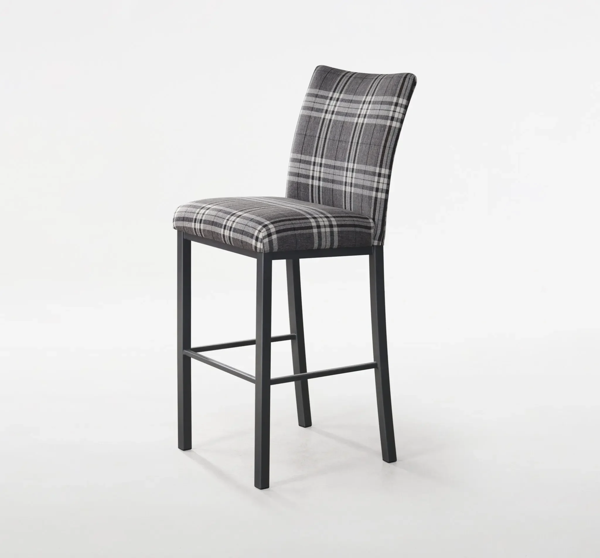 Trica Biscaro Counter Stool with plaid upholstered seat and backrest on black metal frame