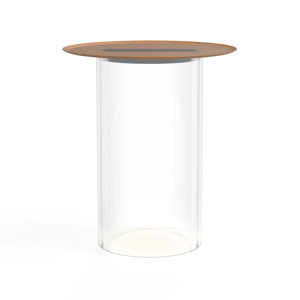 Pablo Carousel Floor Lamp with clear glass base and wood tabletop