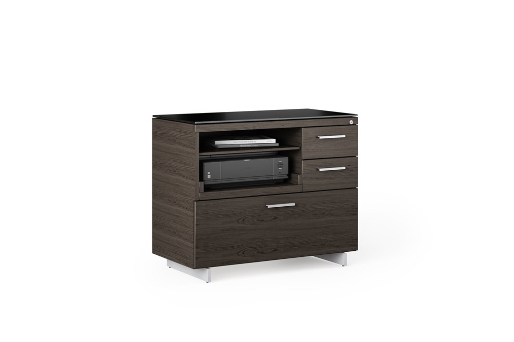 Sequel Multifunction Cabinet in charcoal with black glass top and drawer extended