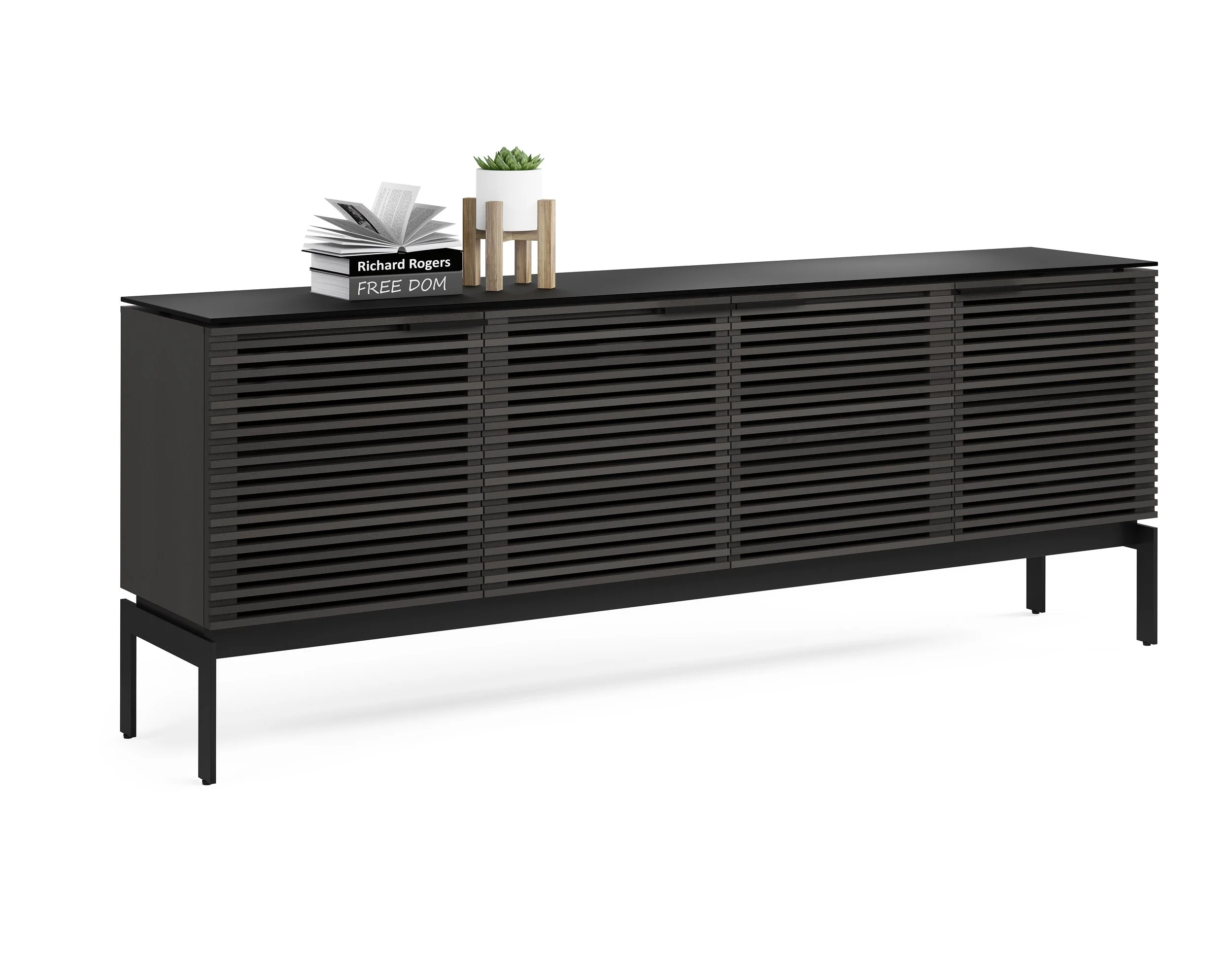 Angled view of the Corridor Console showcasing four-door design and minimalist legs