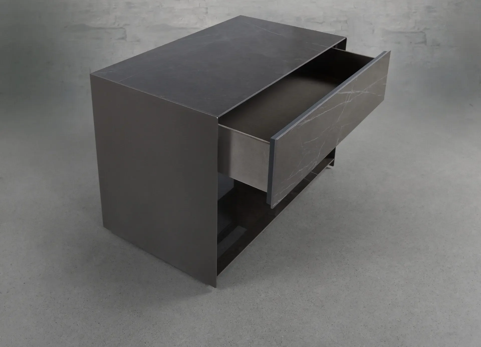 Side view of Absolute 1-Drawer Nightstand in dark wood finish with drawer open