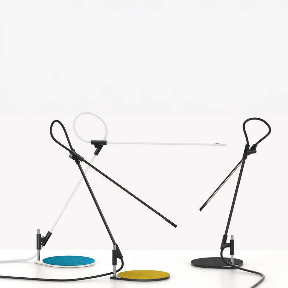 Superlight Table Lamp in white and yellow with adjustable arm extended
