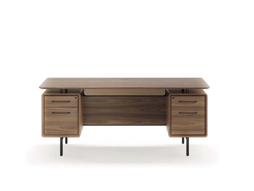 LINQ Executive Desk front-facing view in natural walnut finish with built-in drawers and black legs