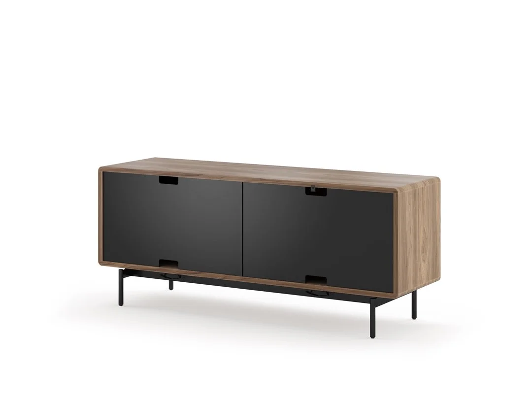 LINQ credenza rear panel design in black and walnut for tech-friendly cable management