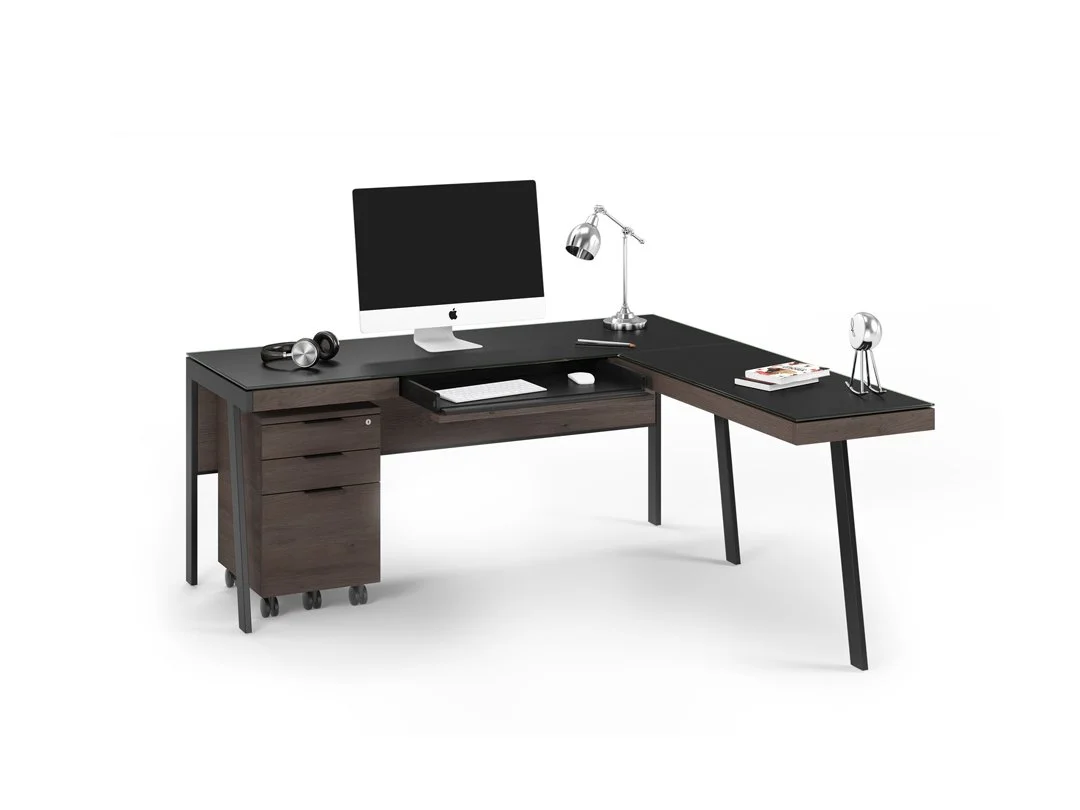 Sigma Desk by BDI with matching dark wood file cabinet and modern desk setup