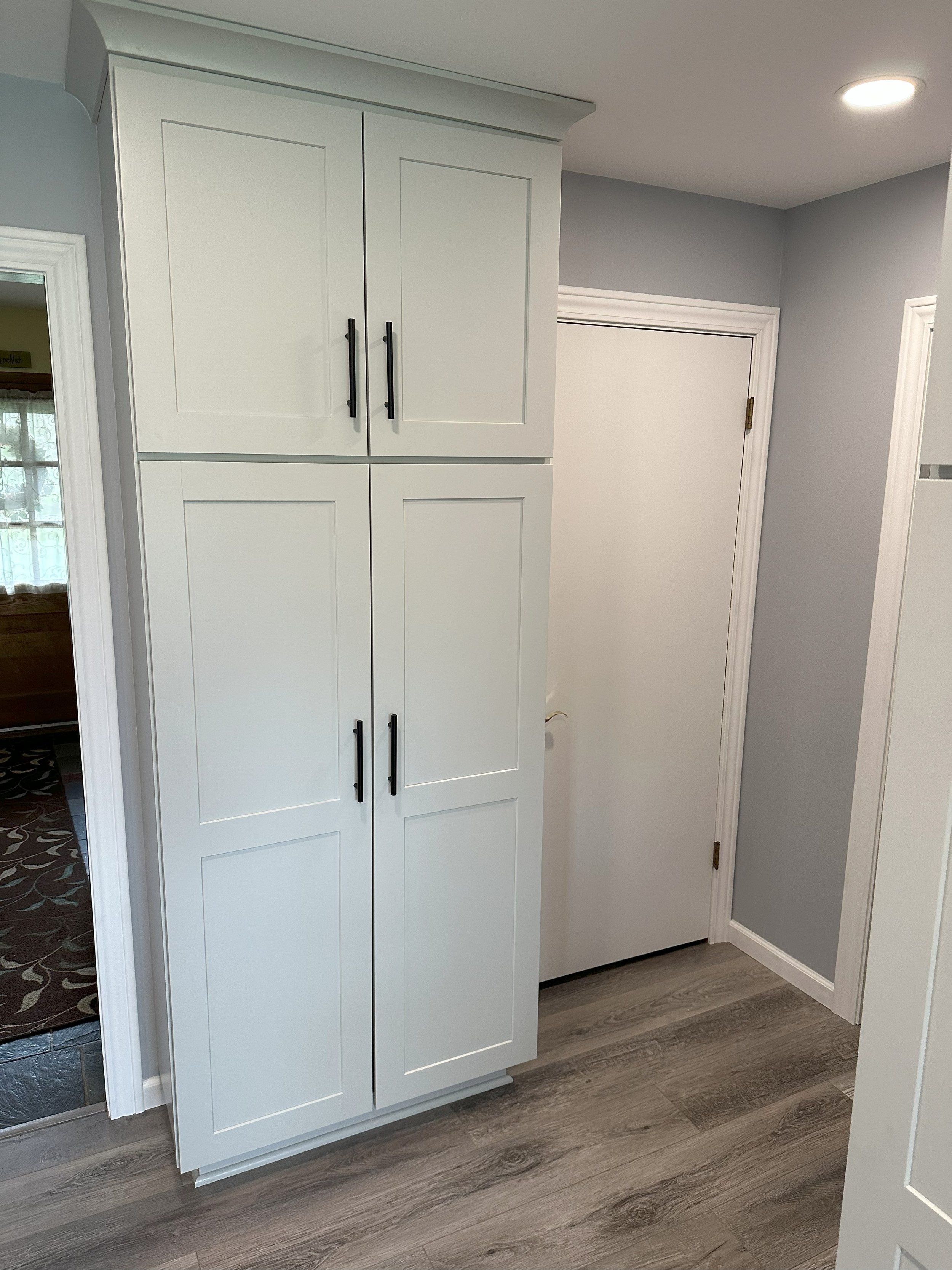 White pantry cabinet with black handles in a modern kitchen, light gray walls, and wood flooring.