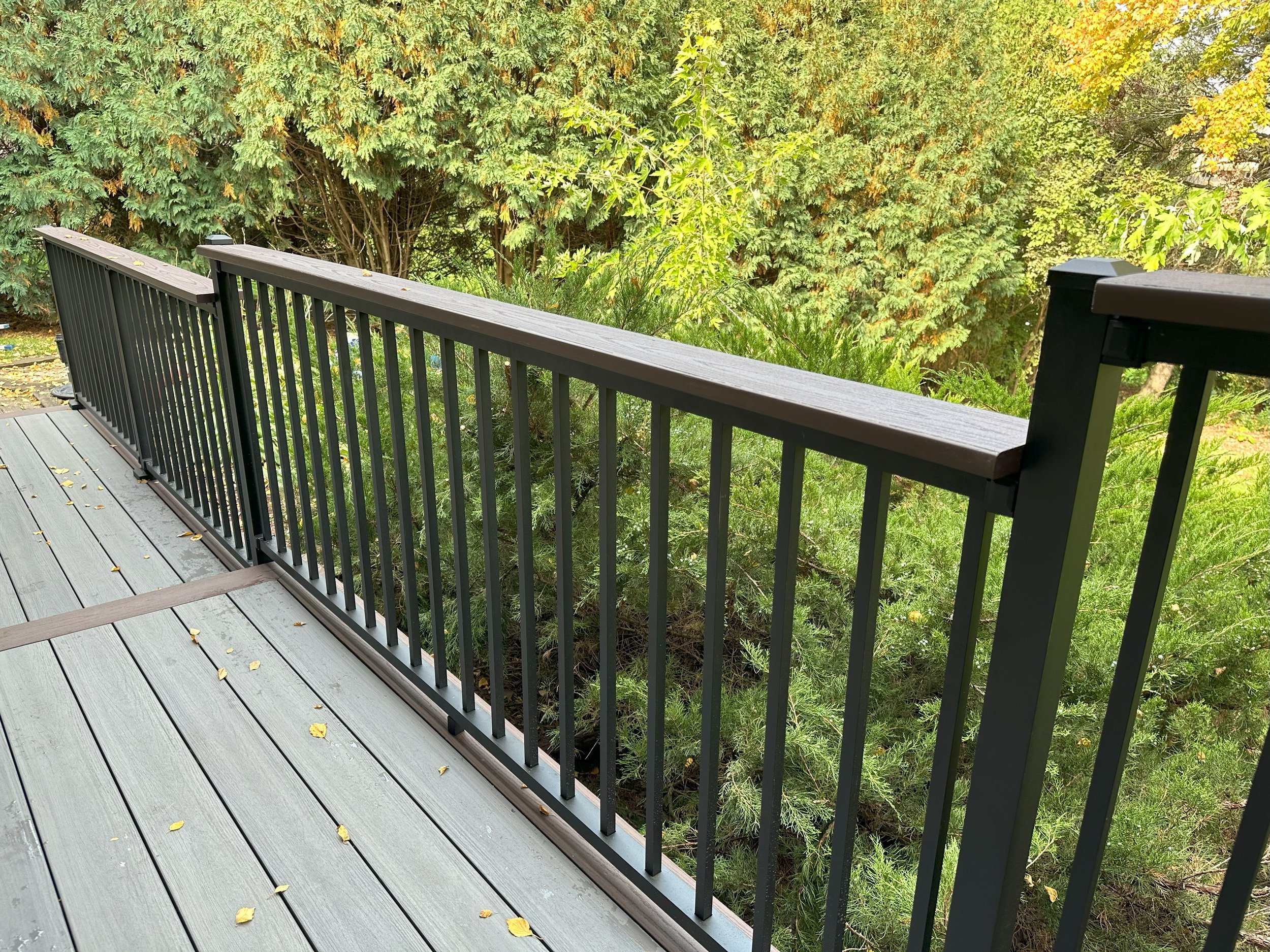 Outdoor deck with gray flooring and black metal railing overlooking green trees and shrubs.