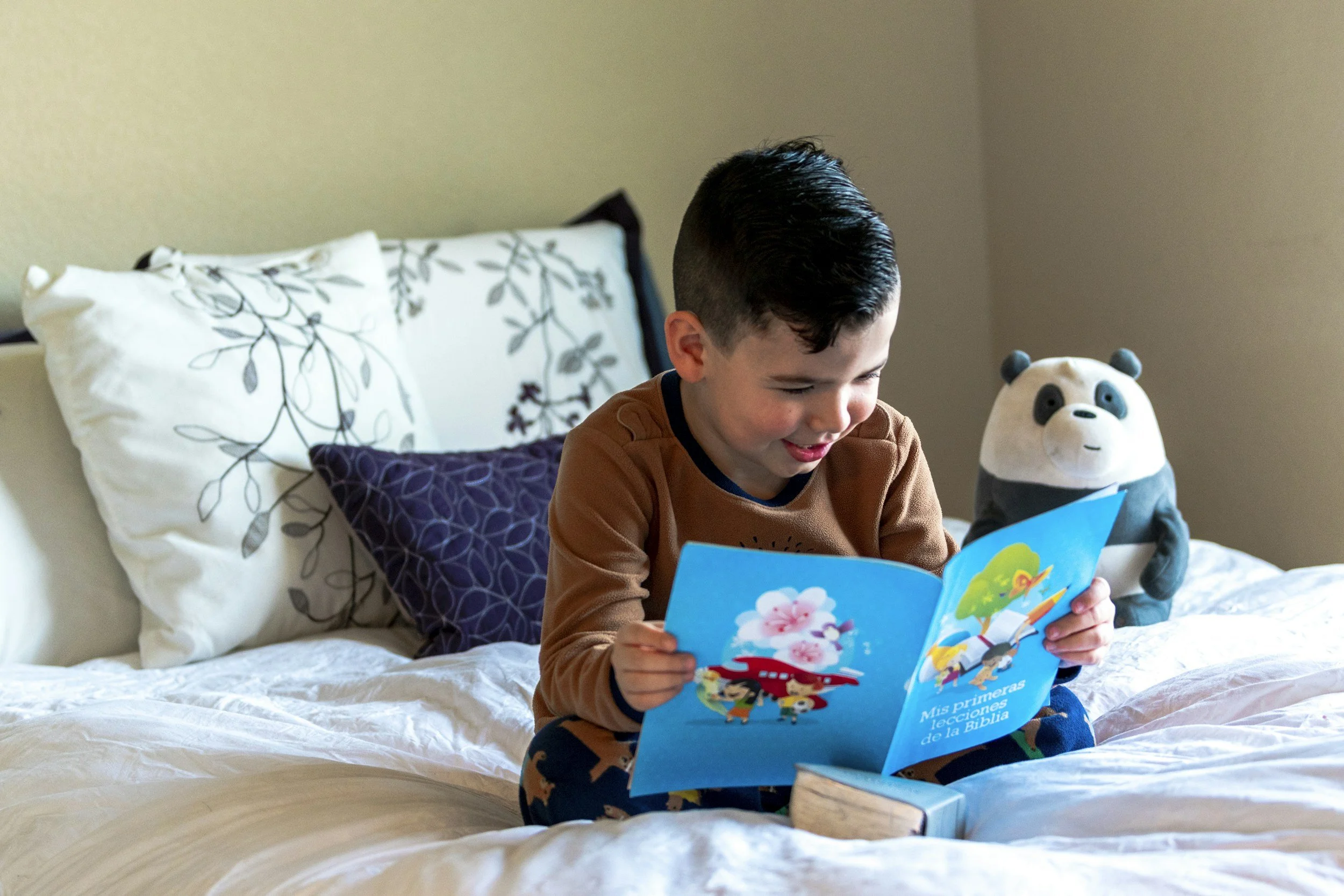 A young boy sitting on a bed reading a children's book with colorful illustrations. There's a panda-shaped stuffed toy beside him and decorative pillows in the background.