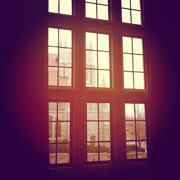 View of a large window with multiple panes, showing a building with towers and spires outside, with trees and bushes in the foreground.