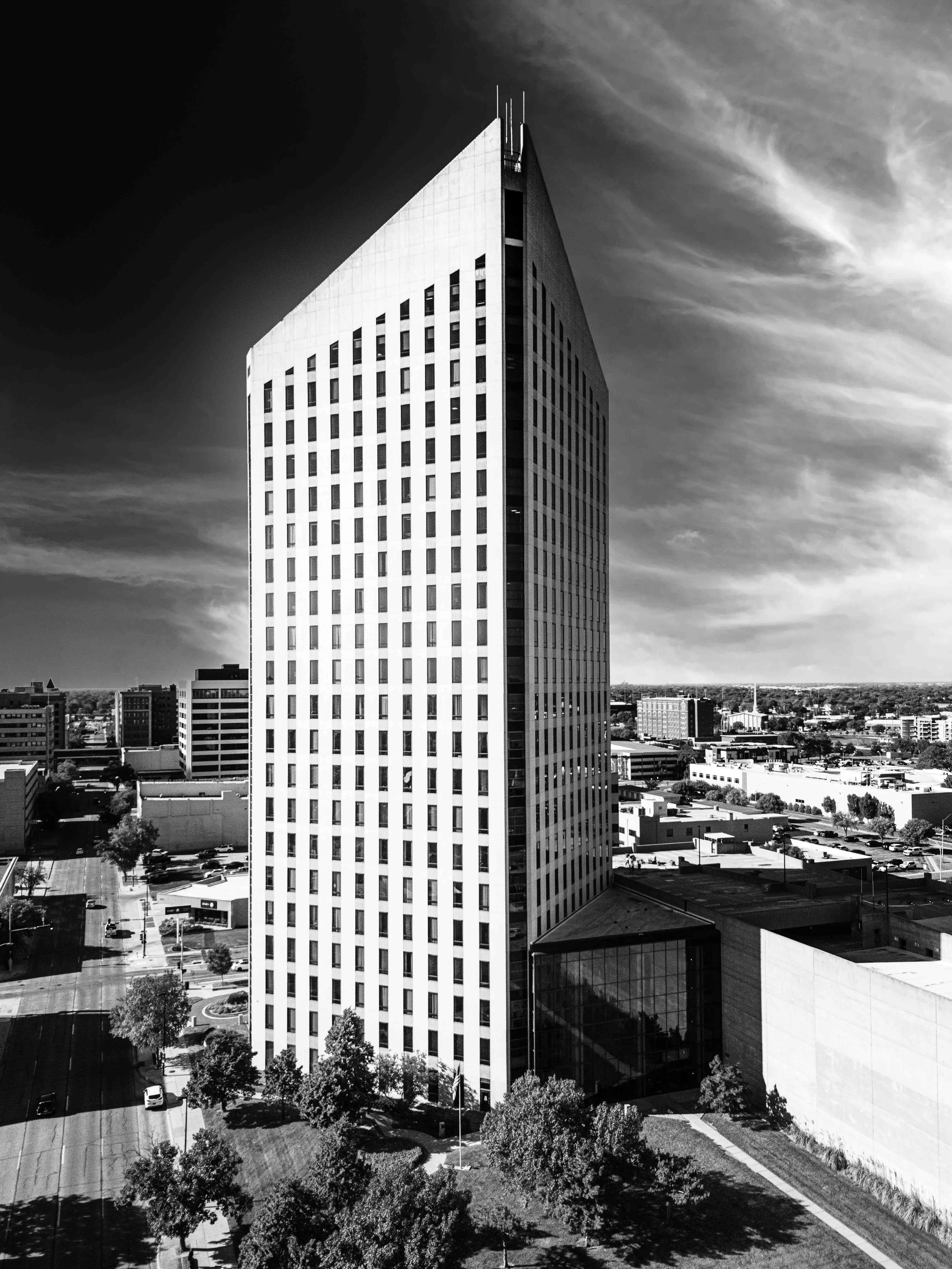 Epic Center Wichita Black and White Clouds