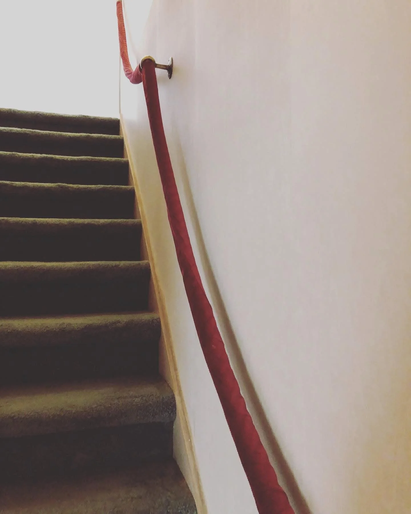Carpeted staircase with a red handrail on the right side and a white wall on the right.