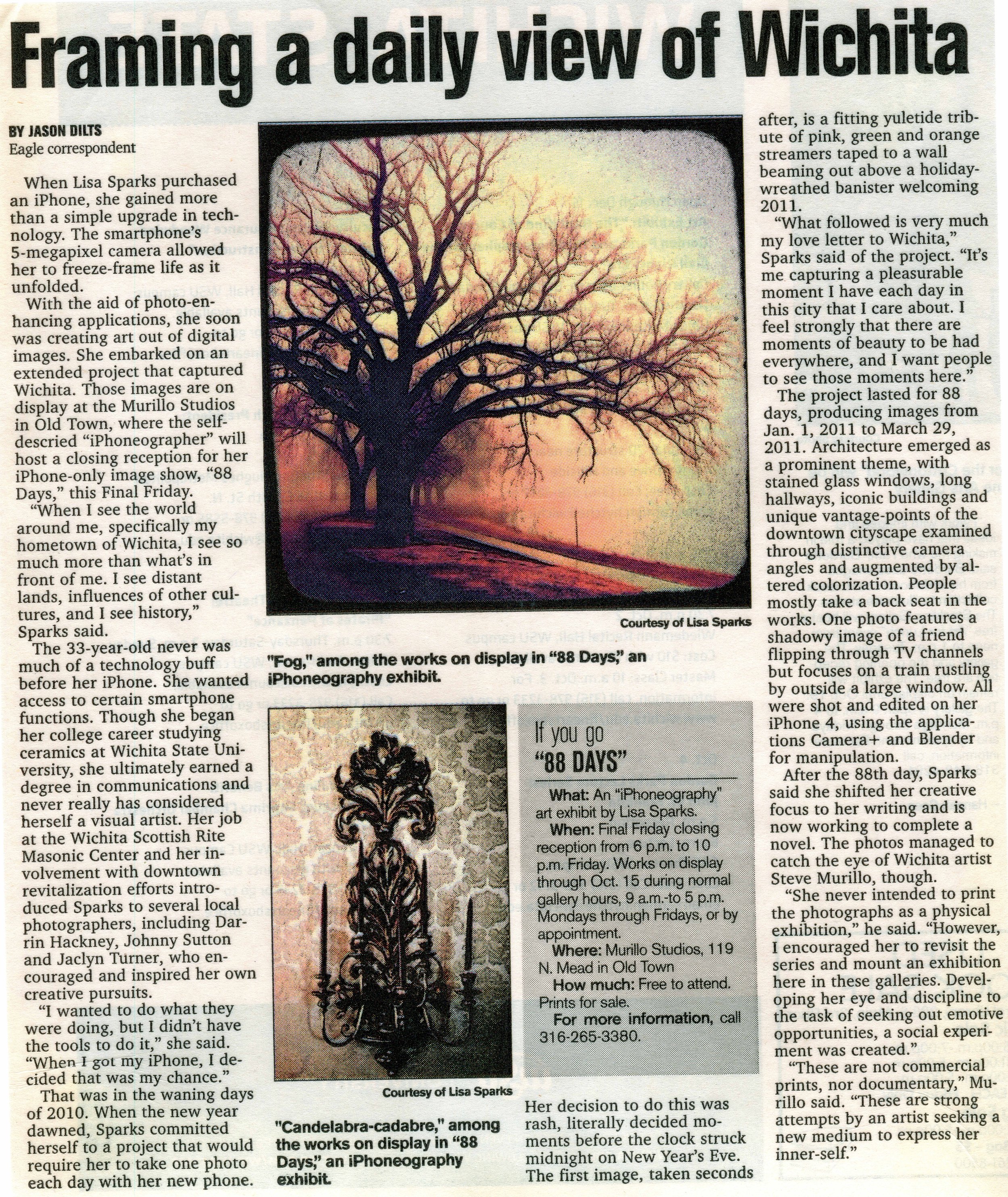 A newspaper article titled 'Framing a daily view of Wichita.' It features a photo of a large, leafless tree at sunset with colorful clouds. There are additional images of artwork, including a black and white tree-like design titled 'Fog,' and another