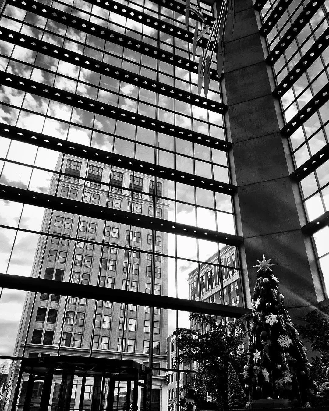 Black and white photo of a modern building interior with large glass windows showing city buildings outside. A decorated Christmas tree with ornaments and snowflakes is visible in the lower right corner.