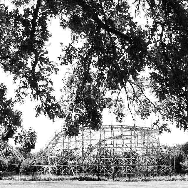 A black and white photo of a wooden roller coaster structure in a park, with tree branches in the foreground.