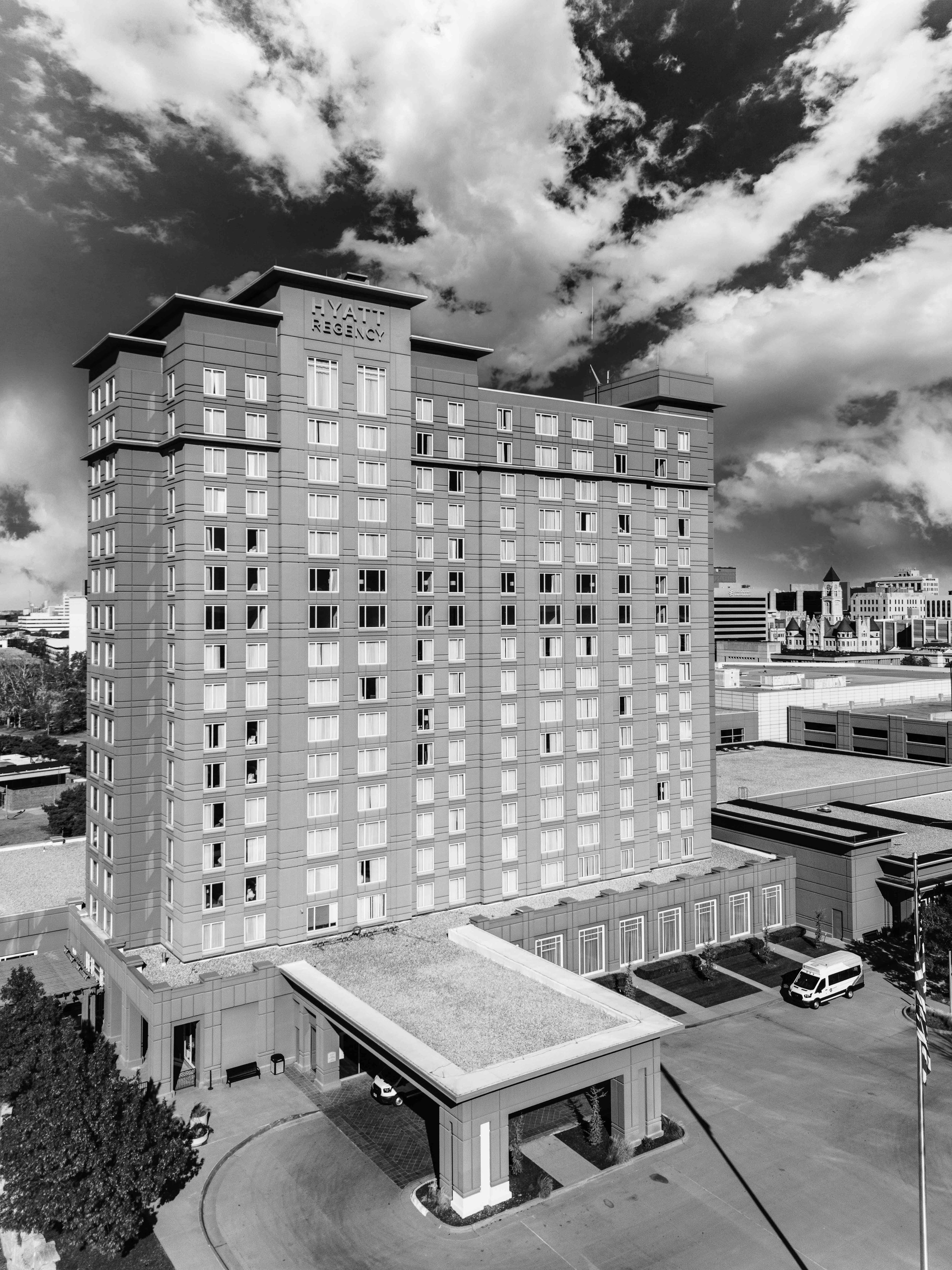 Hyatt Hotel Black and White Clouds