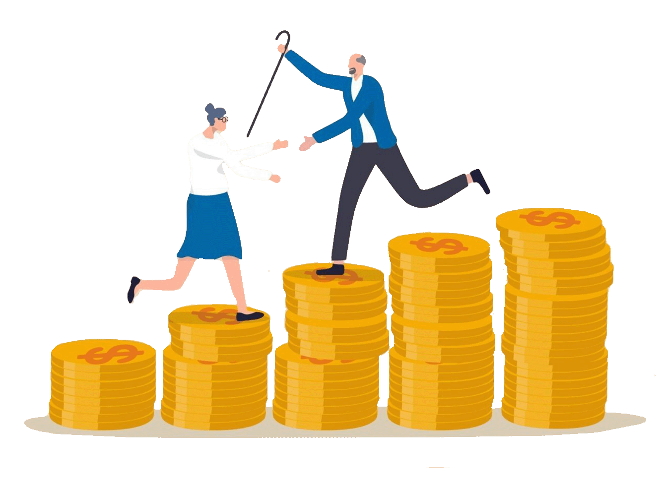 Deux personnes âgées, un homme et une femme, marchent sur des piles de pièces d'or avec des symboles de dollar, représentant les finances ou la retraite.