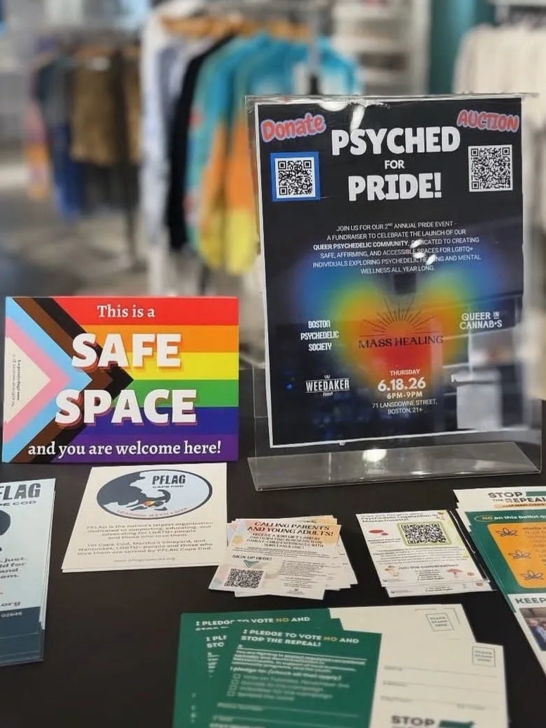Table display promoting LGBTQ+ pride and mental health support. Included are signs about safe spaces, mass healing event, and voting, along with brochures and flyers.