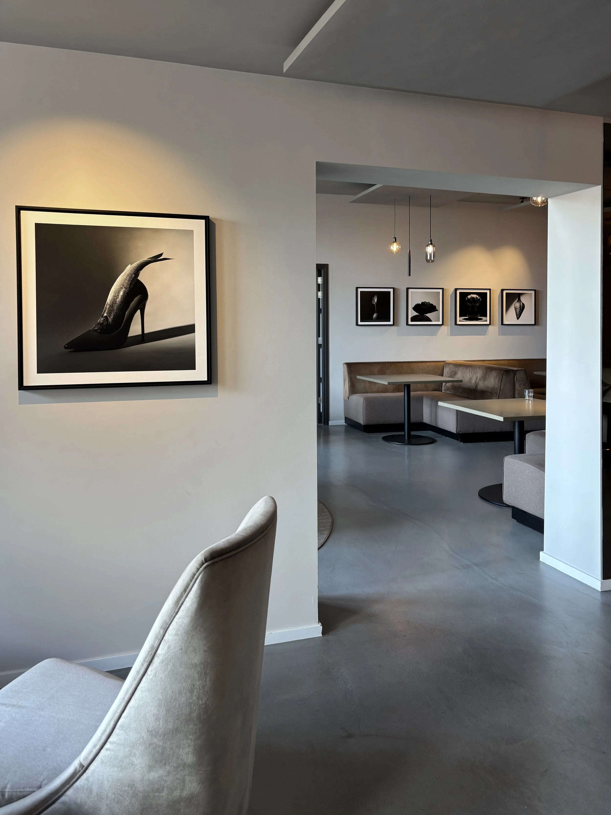 Black and white artwork featuring fish motif at Restaurant Vermeer, Amsterdam, redesigned by Meeder Ontwerpers