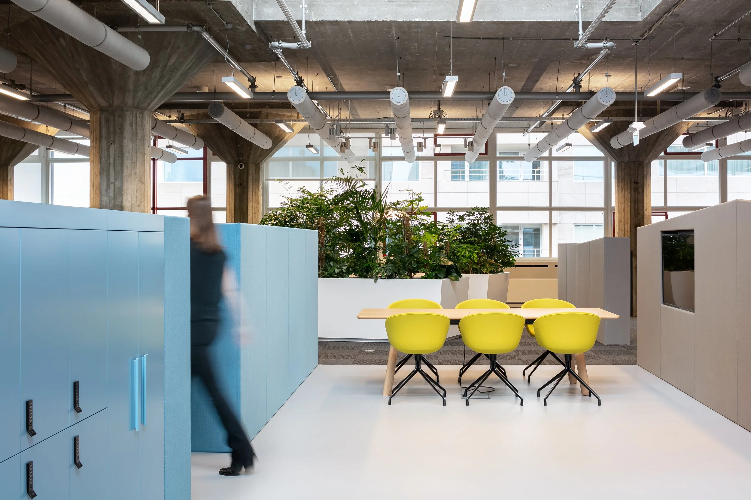 Landing table with blue cabinets and plants at Yuki HQ office, Rotterdam, designed by Meeder Ontwerpers.