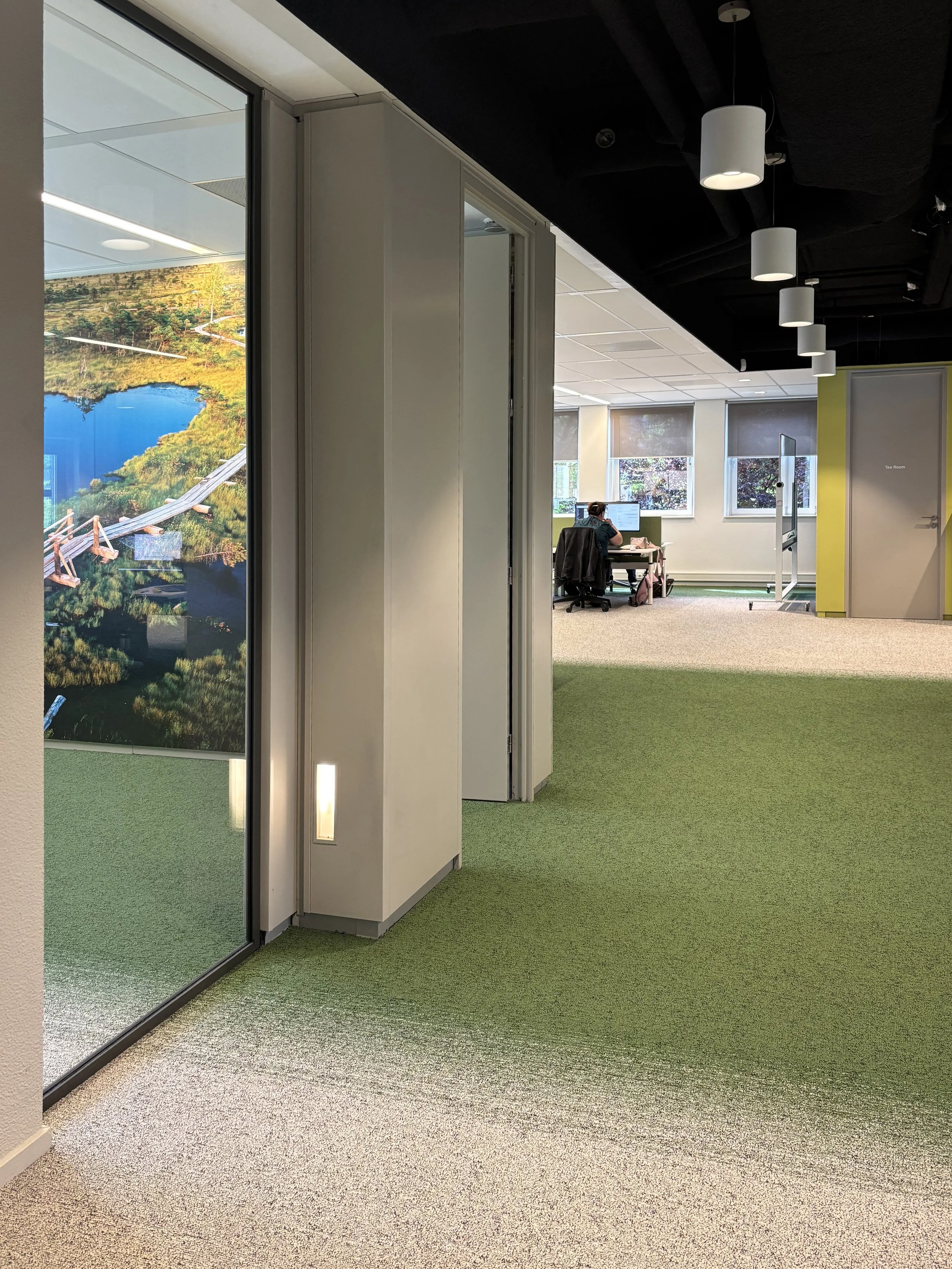 Green gradient carpet with matching wall visual at Northbound Travel office, Naarden, designed by Meeder Ontwerpers.