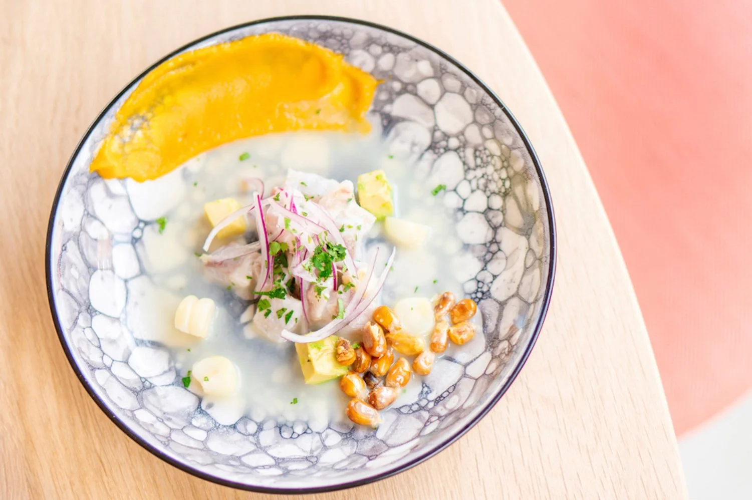 Peruvian ceviche dish at Restaurant Nazka fine dining, Amsterdam. Designed by Meeder Ontwerpers