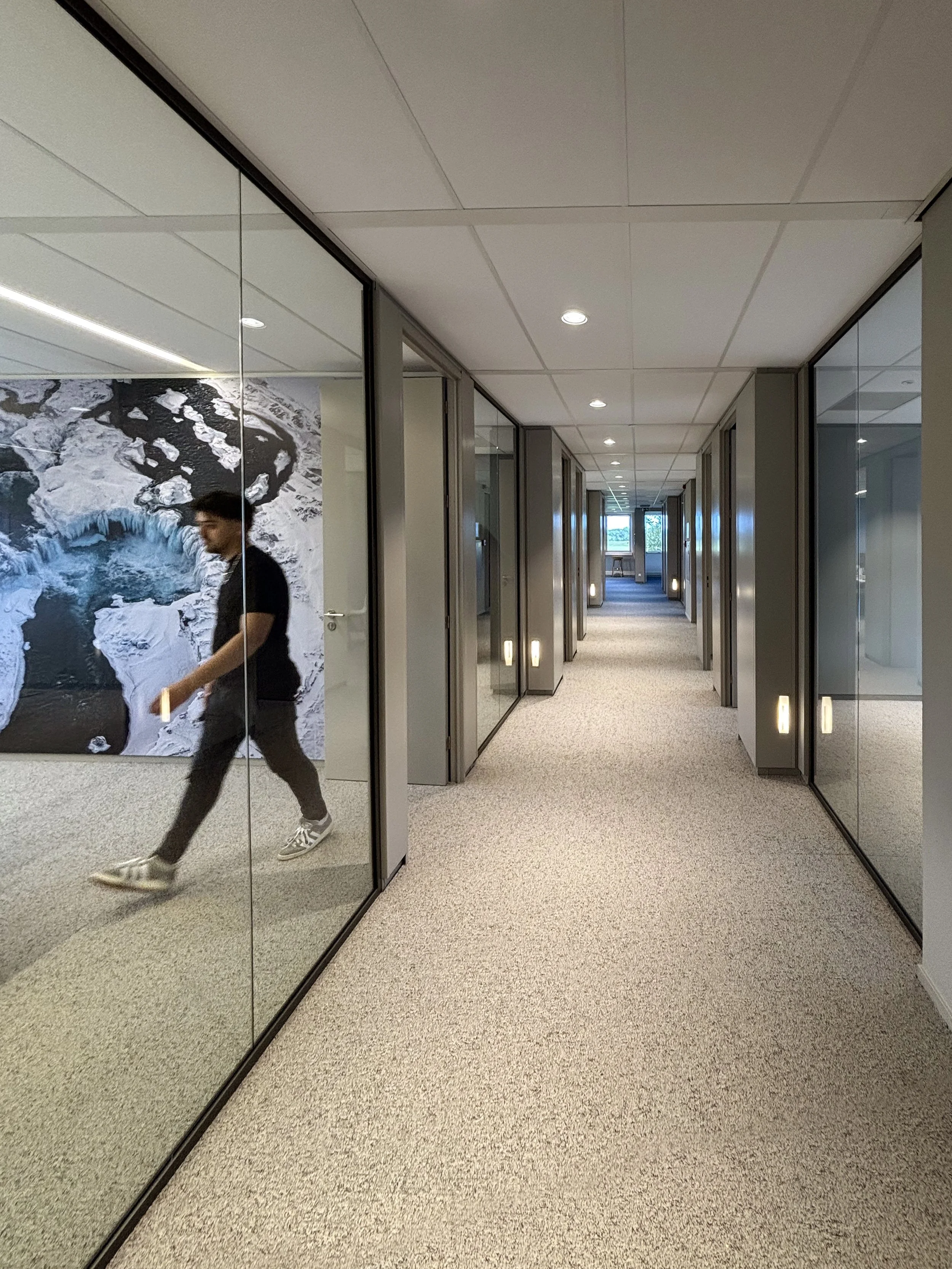 Hallway with glacier wall visual and blue accent wall at Northbound Travel office, Naarden, designed by Meeder Ontwerpers.