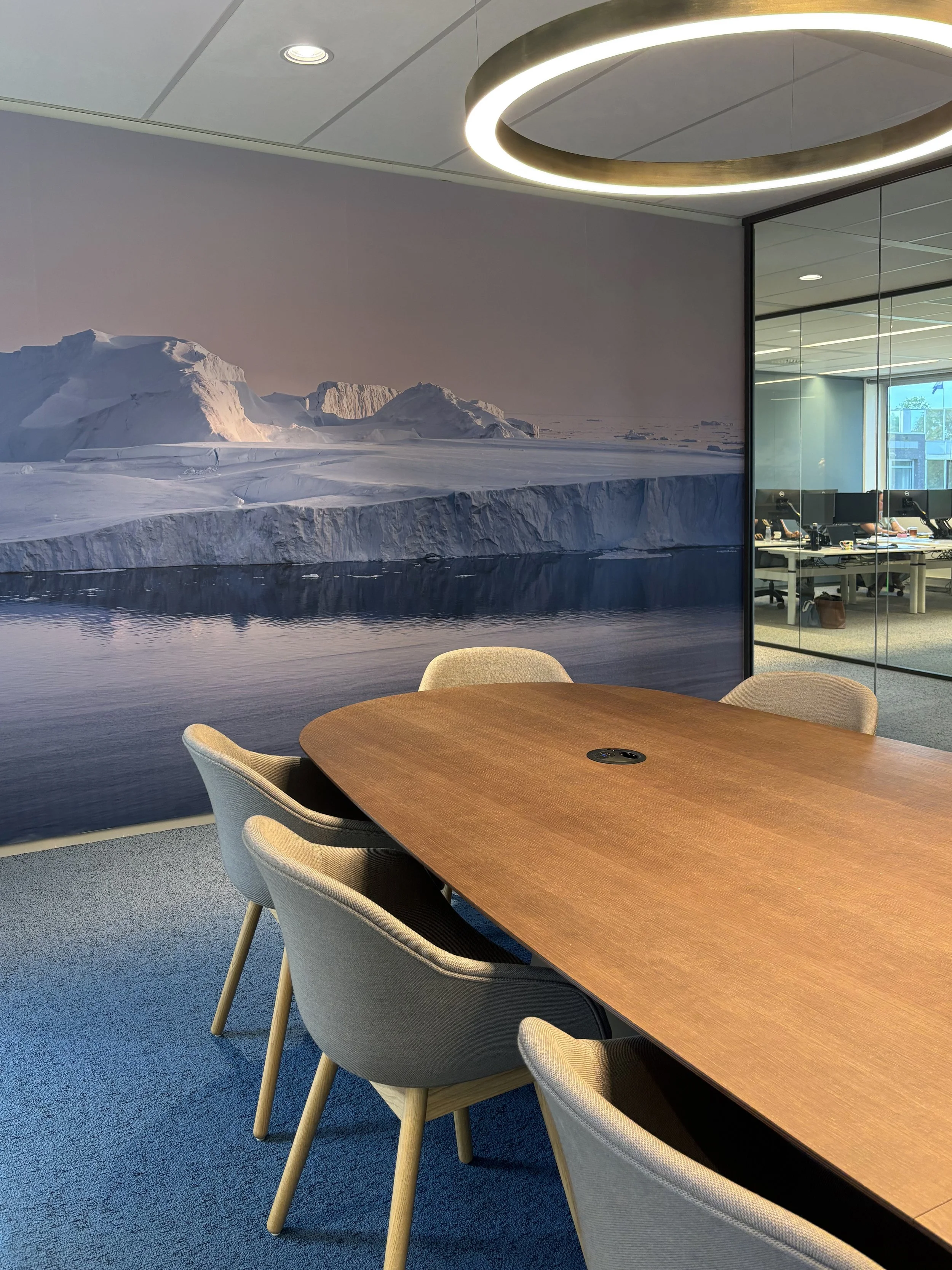 Boardroom with iceberg wall visual and blue carpet at Northbound Travel office, Naarden, designed by Meeder Ontwerpers.