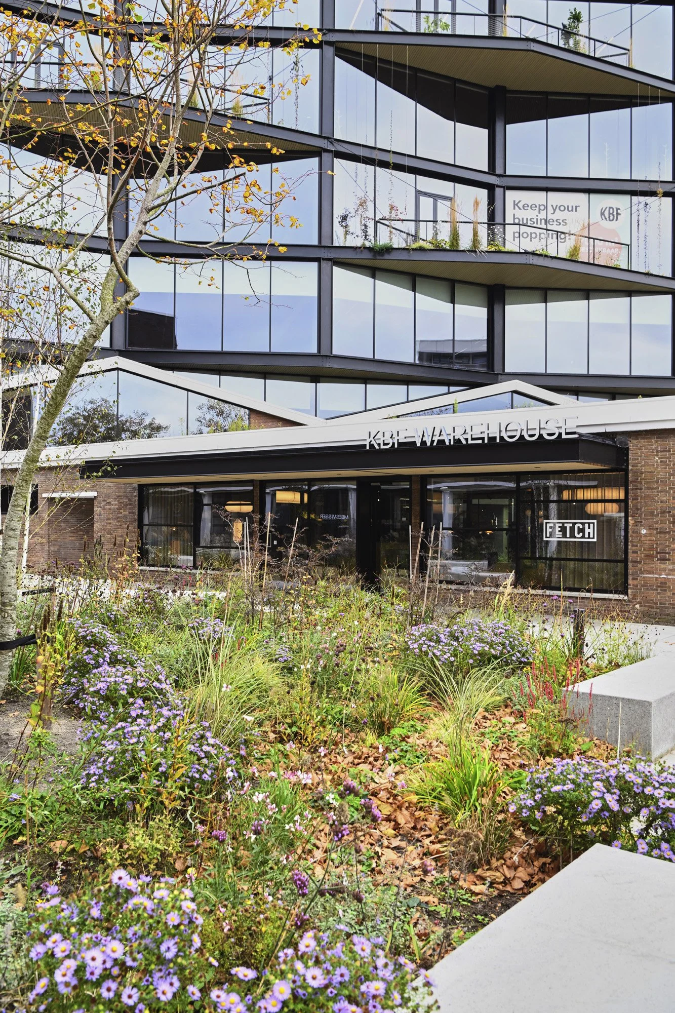 Office entrance with garden and factory roof at KBF Warehouse, Amsterdam.
