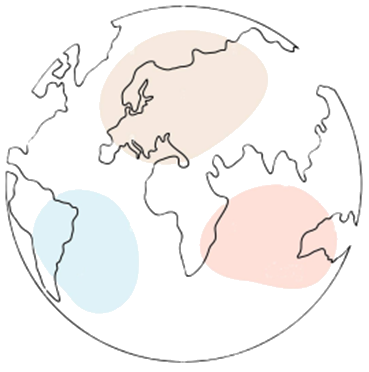 A world map with each continent highlighted in different pastel colors.