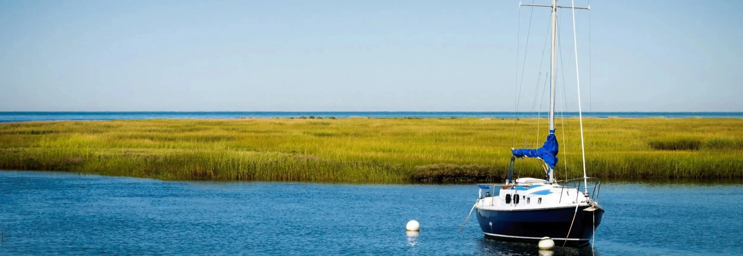 A sailboat anchored in calm water near a grassy shoreline under a blue sky.