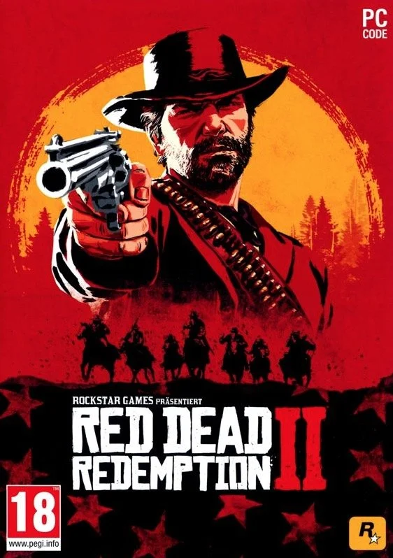 Imagem de capa do jogo "Red Dead Redemption II", mostrando um homem armado com chapéu e barba, apontando uma arma, com fundo de por do sol, bando de cowboys e árvores.