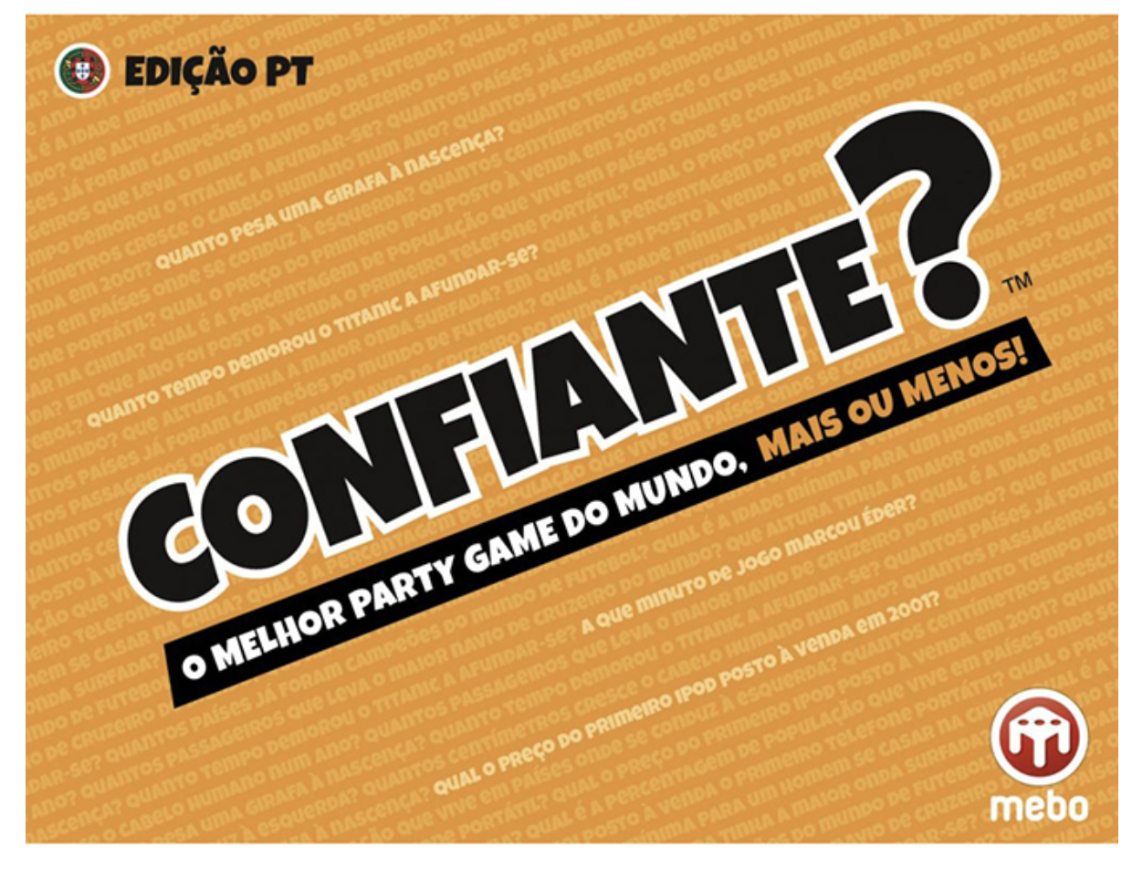 Imagem de um jogo de perguntas sobre o futebol, com fundo laranja e texto em português. Título em destaque: "CONFLANTES?" e subtítulo: "O melhor party game do mundo, mais ou menos!". Logo da marca Mebo no canto inferior direito.