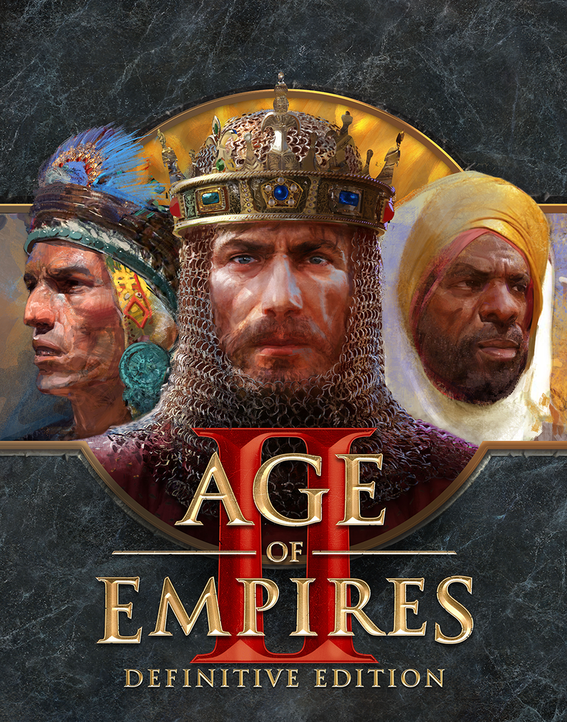 Capa do jogo Age of Empires II: Edition Definitiva, com retratos de um guerreiro indígena à esquerda, um rei com coroa na frente e um guerreiro deserto à direita.