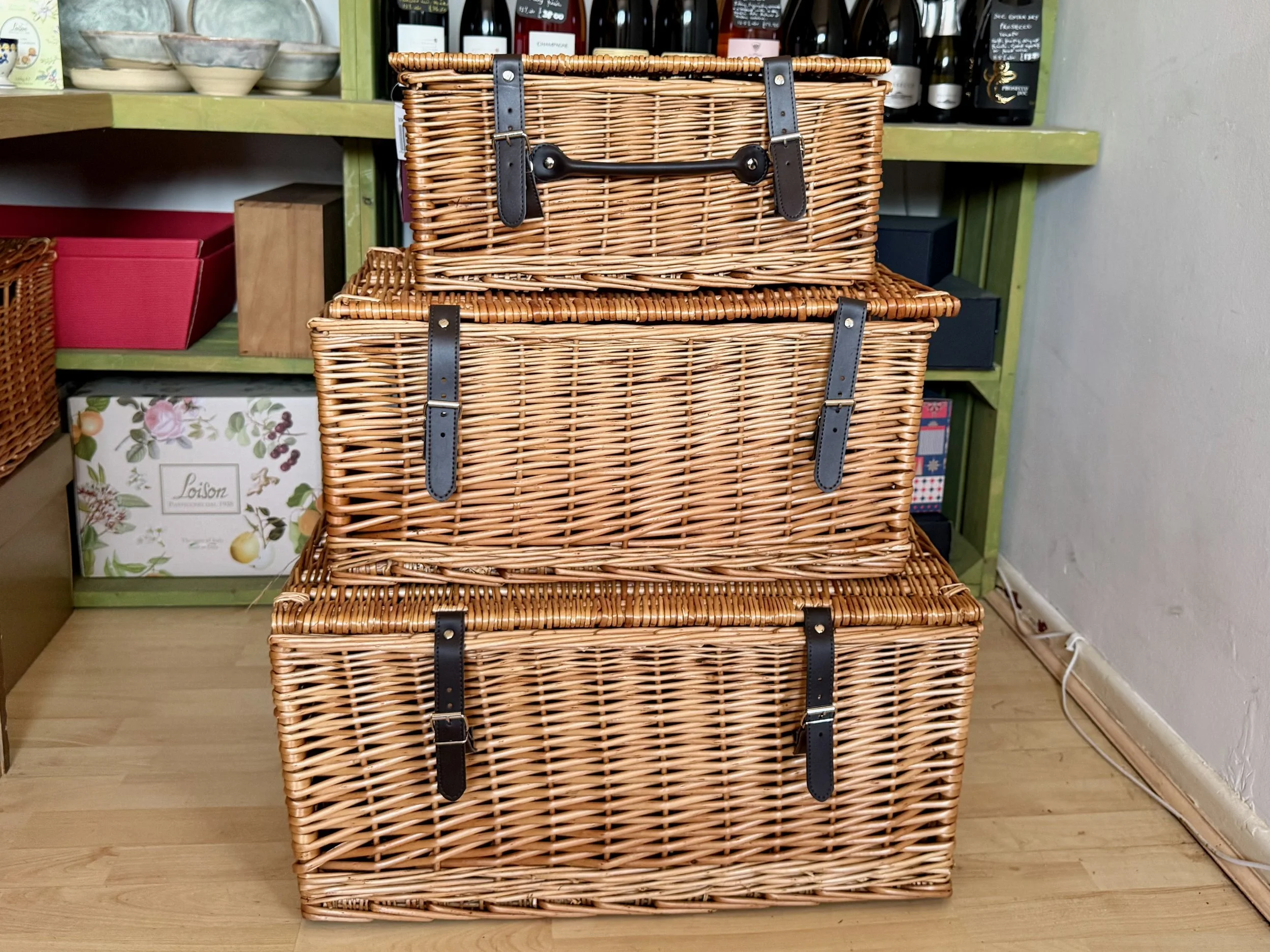 A stack of wicker hampers