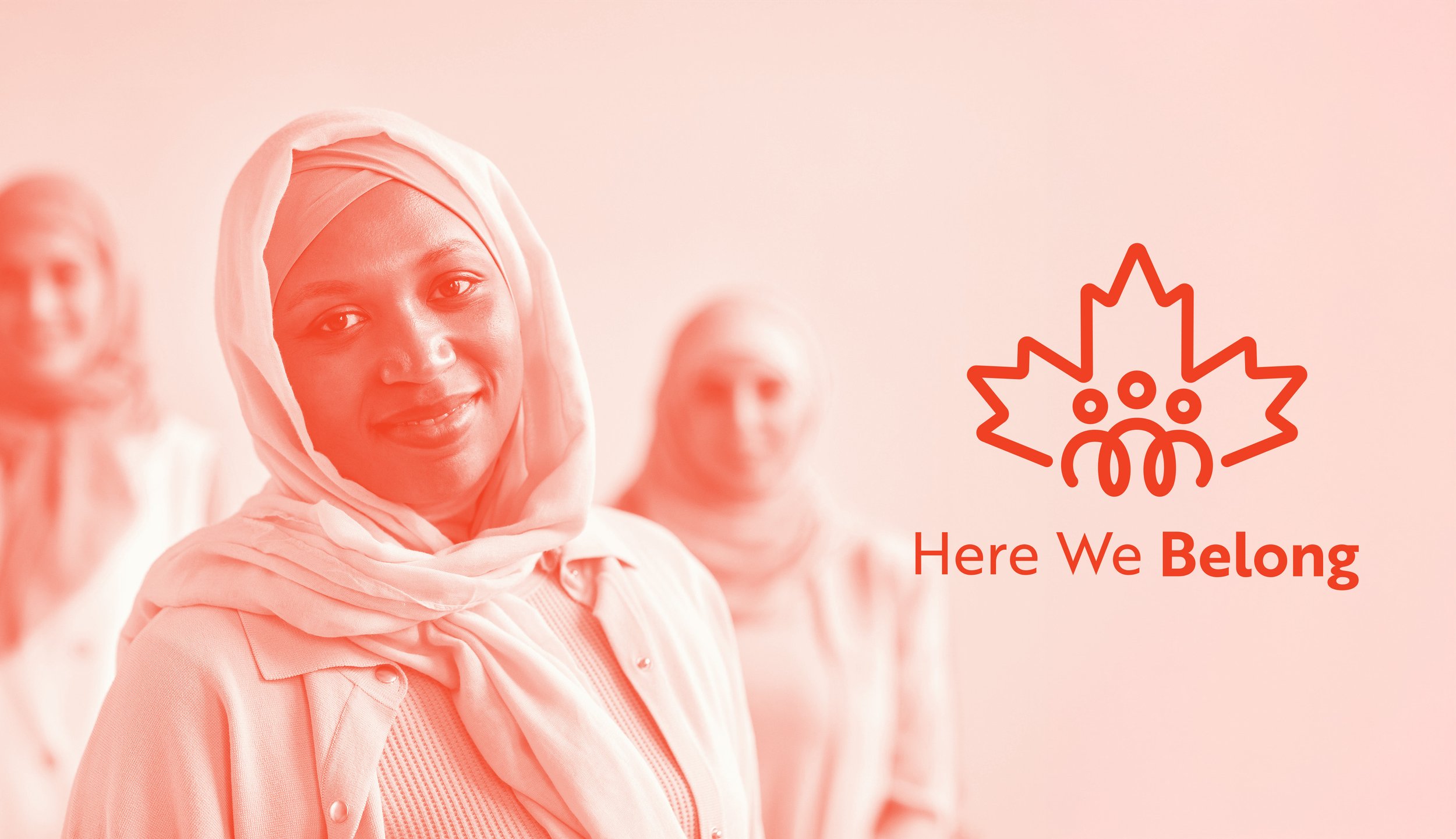 Three muslim women posing beside logo