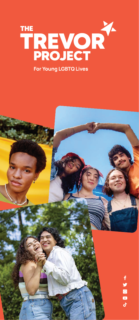 Flyer for The Trevor Project with images of LGBTQ+ youth smiling and holding hands outdoors.