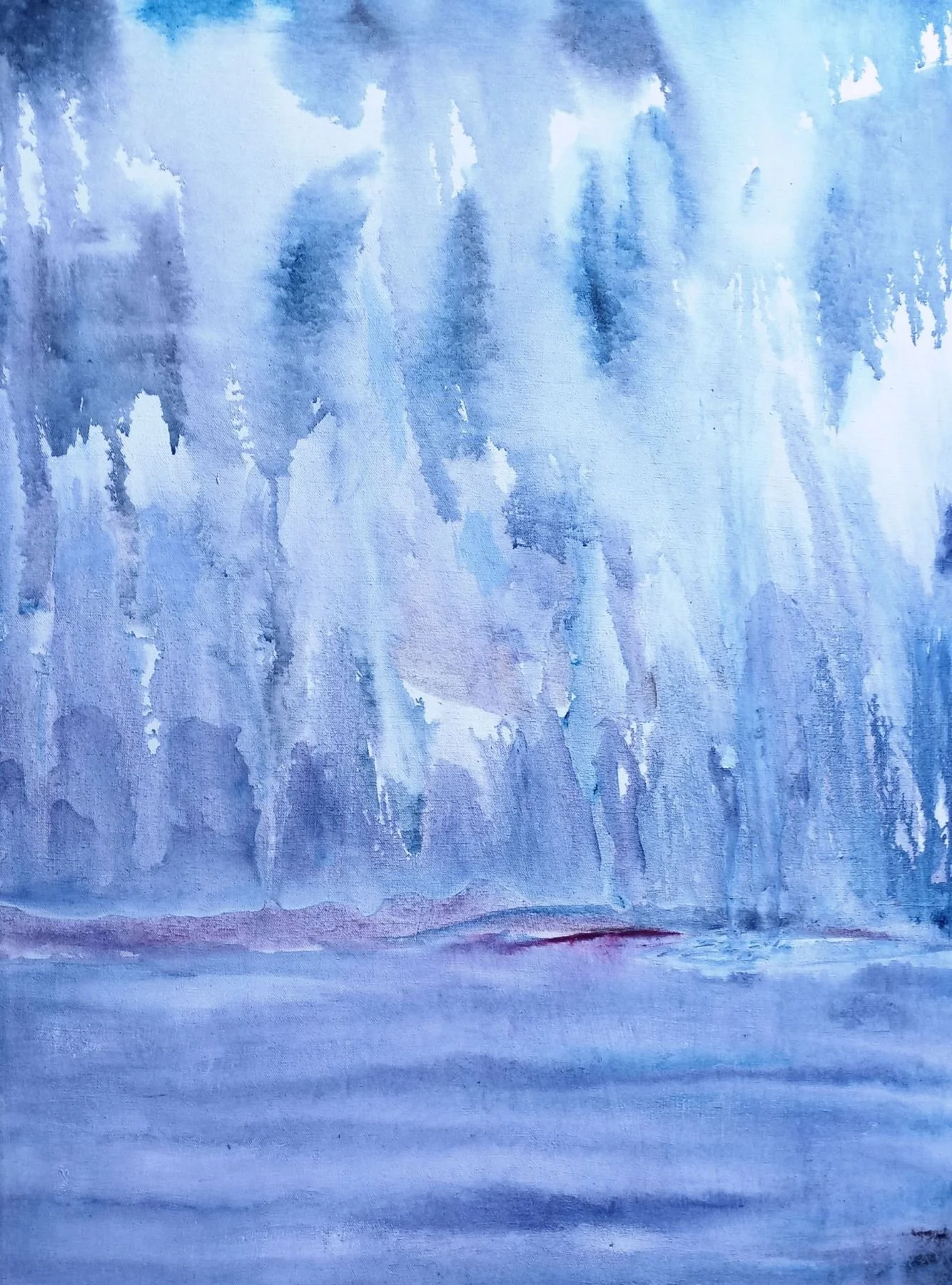 The Artwork: "Ease" An image of rain clouds falling into the sea. Medium: acrylic on canvas