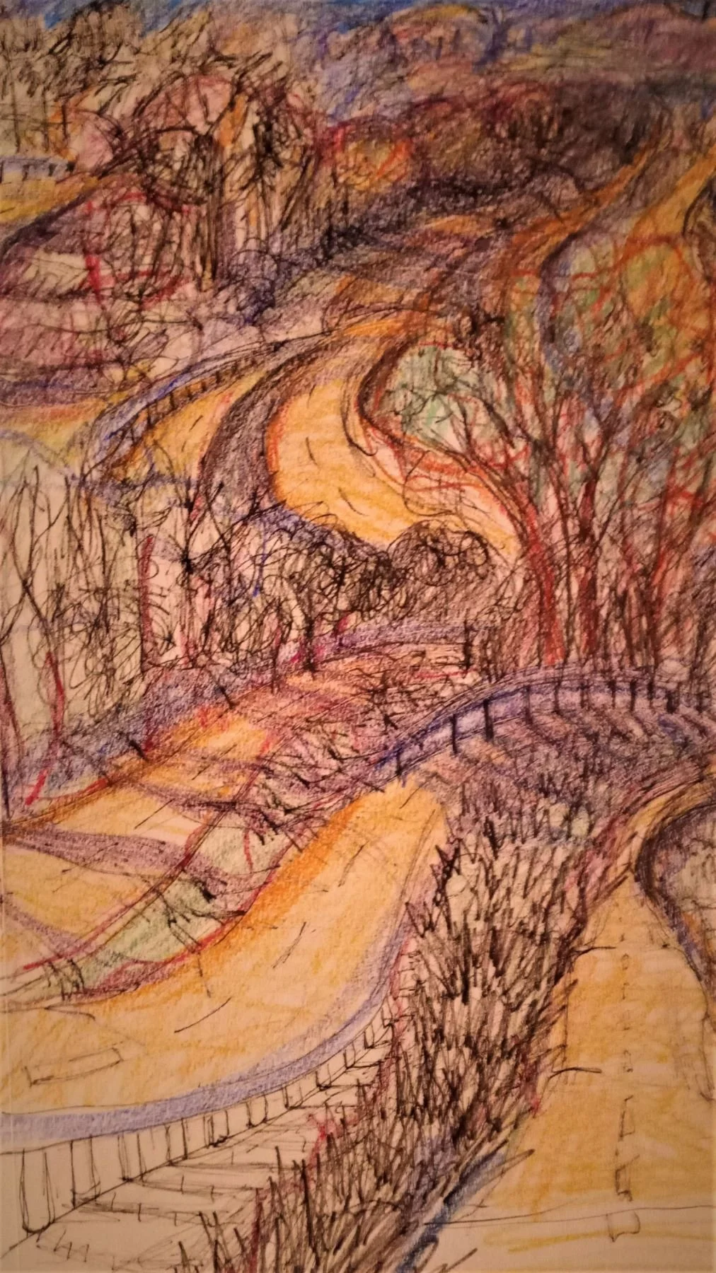 Colorful abstract drawing of winding river, trees, and a bridge using scribbled lines and vibrant colors.