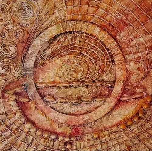 "Scaring Bowl" is a gold mixed media: rope, wood paper, clay 2 1/2" x 2 1/2" acrylic painting by Pamela Eveline, designed to inspire and encourage you to bring your creative visions to life through her artwork and lessons."