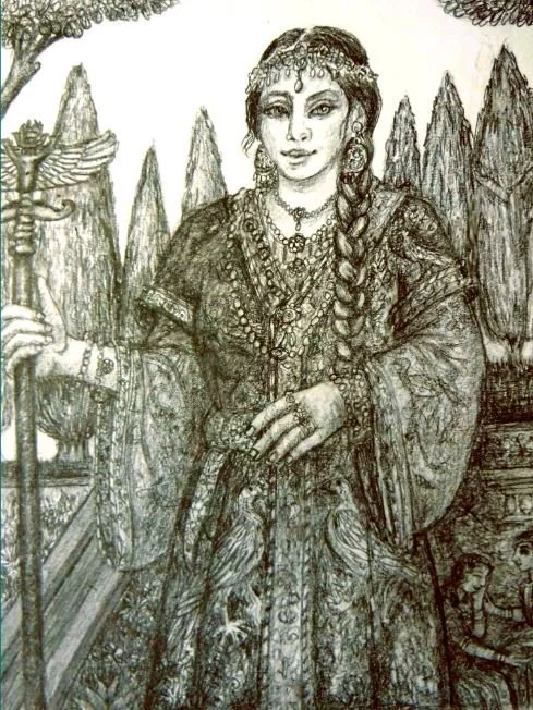 A line drawing of a Persian woman with s staff.