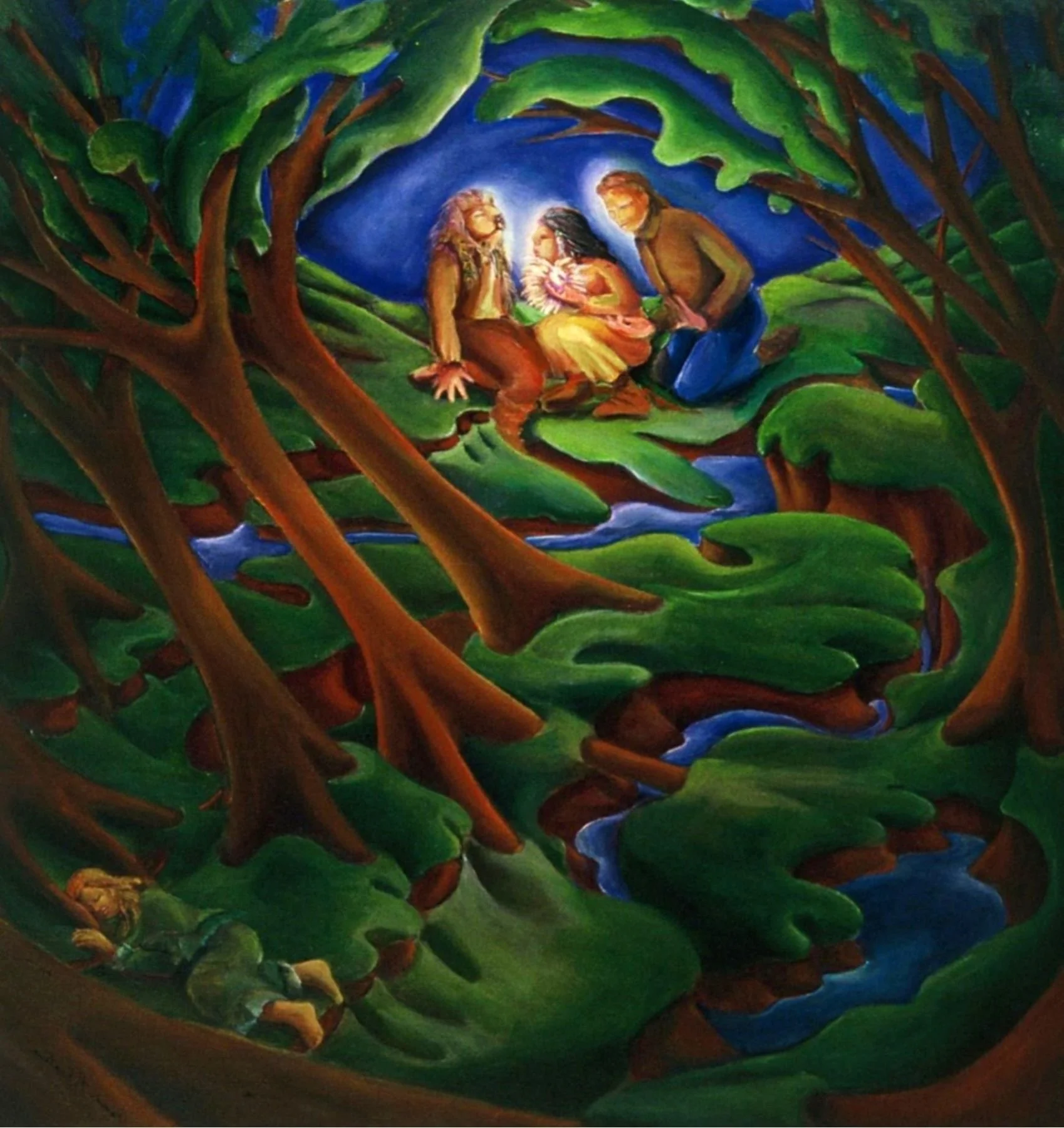 A colorful painting depicts the biblical scene of the Holy Family with baby Jesus, Joseph, and Mary sitting in a lush green forest with twisted trees and a small stream. A bright halo surrounds baby Jesus.