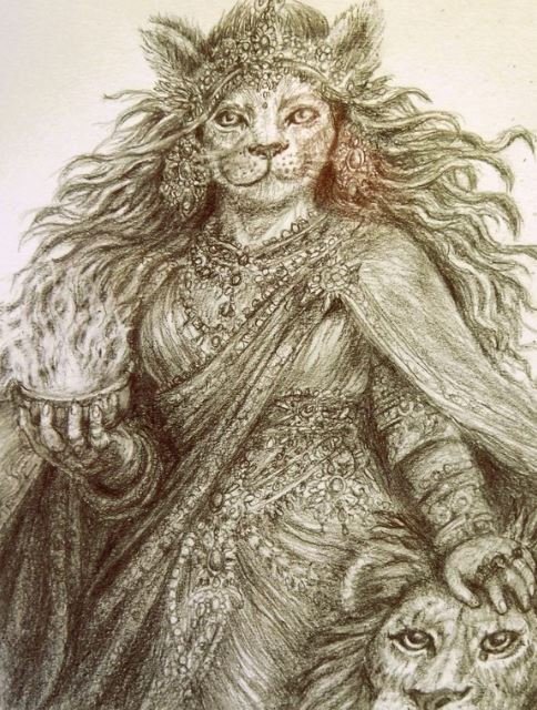 A graphite pencil drawing of a woman with a lions head. She is appears powerful and strong.