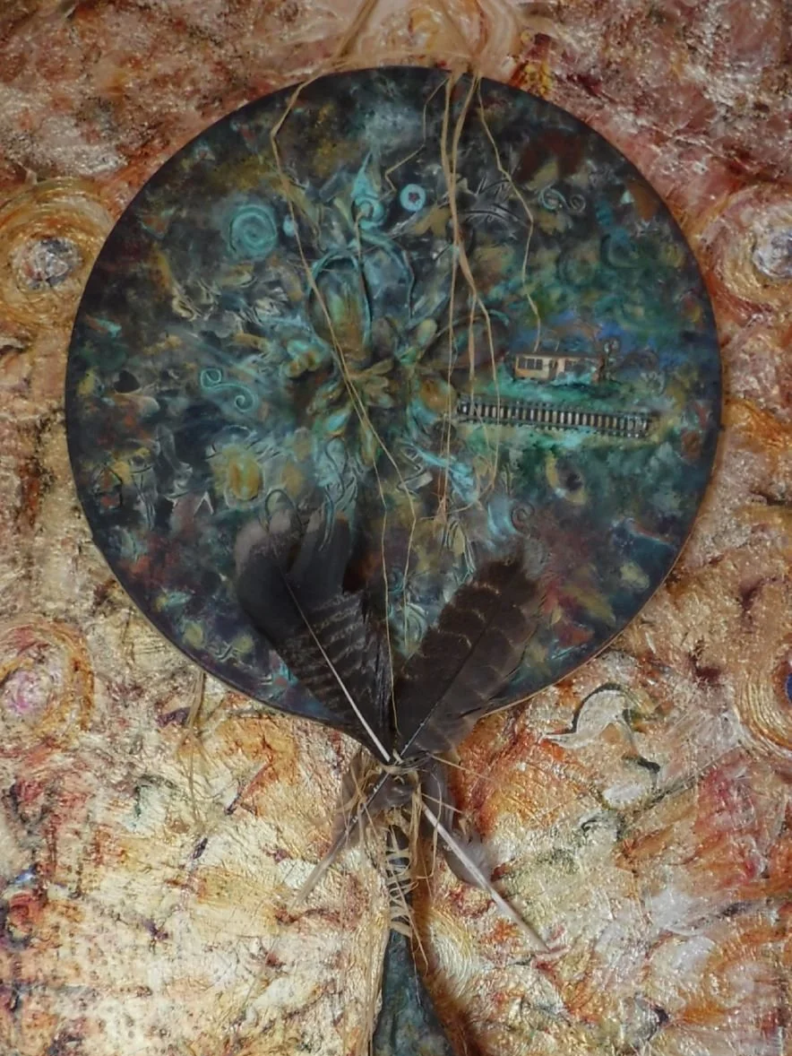 "Feather Mandala" is a mixed media, 16" X 16" and 7" X 19" acrylic, metal, and paper mâché painting by Pamela Eveline, designed to inspire and encourage you to bring your creative visions to life through her artwork and lessons."