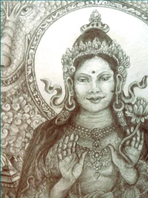 A graphite pencil drawing of the the Buddha Tara. She opens her palm to send you light.