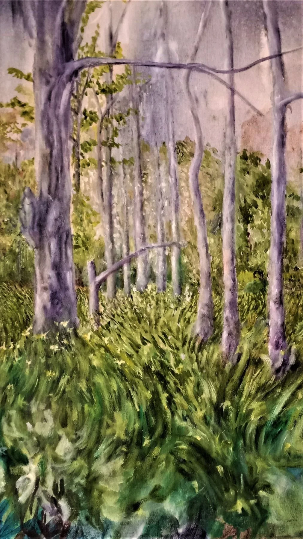 A painting of a dense forest with tall, slender tree trunks and lush green undergrowth.