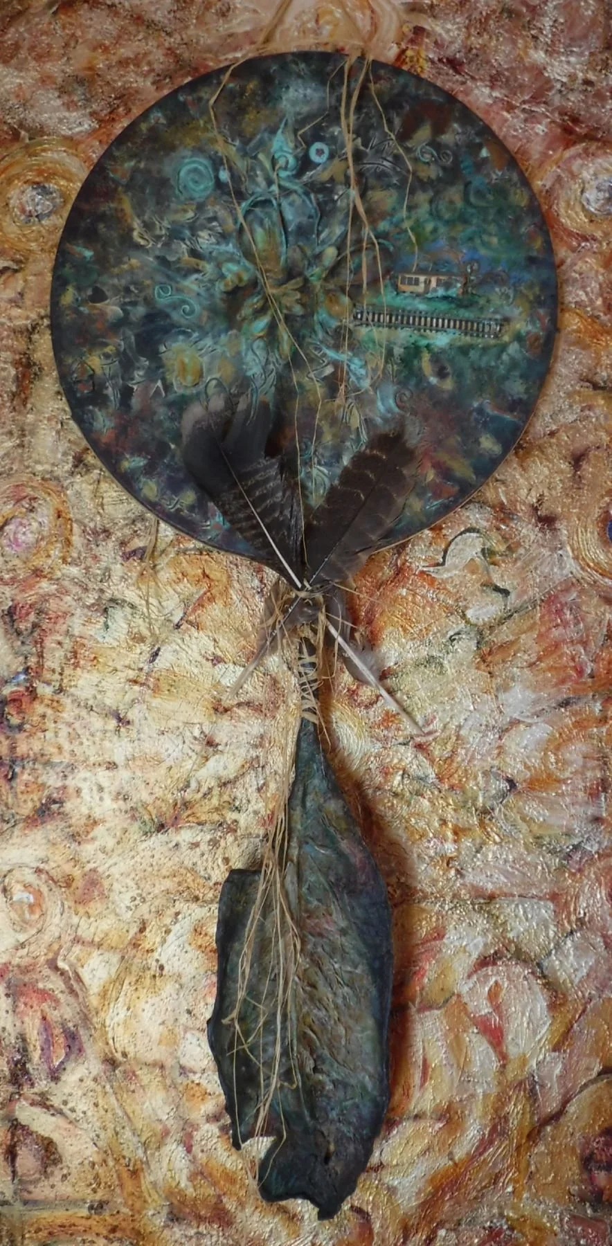 "Feather Mandala" is a mixed media, 16" X 16" and 7" X 19" acrylic, metal, and paper mâché painting by Pamela Eveline, designed to inspire and encourage you to bring your creative visions to life through her artwork and lessons."