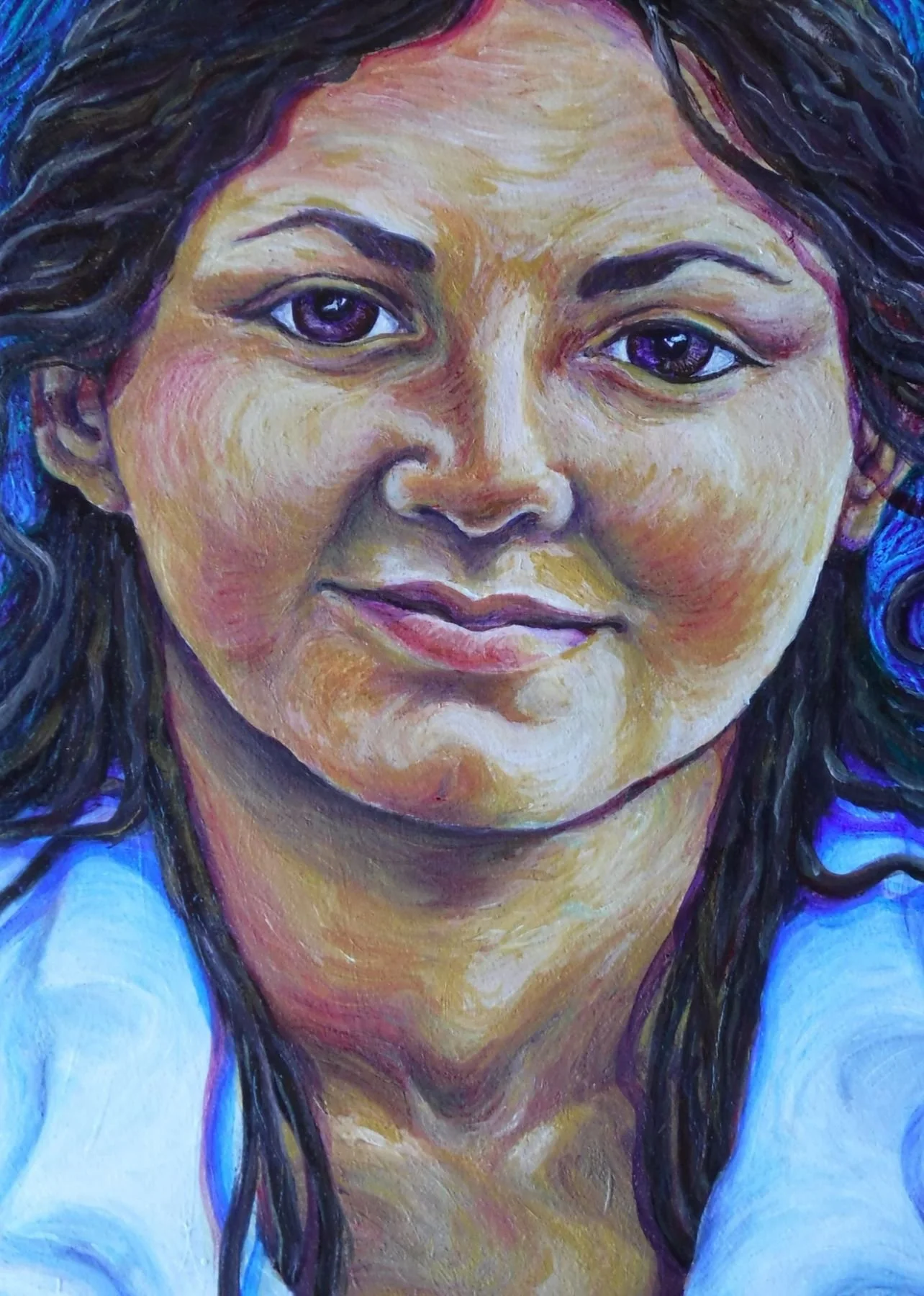 The Hypnotic Relaxation Portrait is a 9' x12' acrylic painting on canvas inspired by Pamela Eveline’s hypnotic session to accomplish goals and enhance confidence. This artwork captures the serene confidence after a deep hypnosis experience.