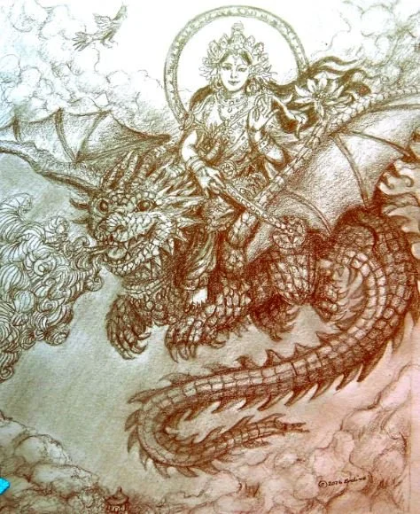 A graphite drawing of Tara an Zhug.  They hover in the  air inviting you to join them on  a journey inward.