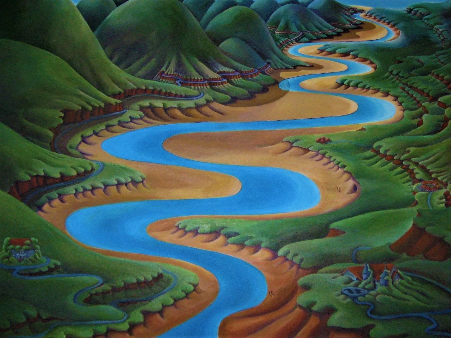 Colorful painting of a winding blue river flowing through green hills and mountains. Small houses are visible along the riverbanks.