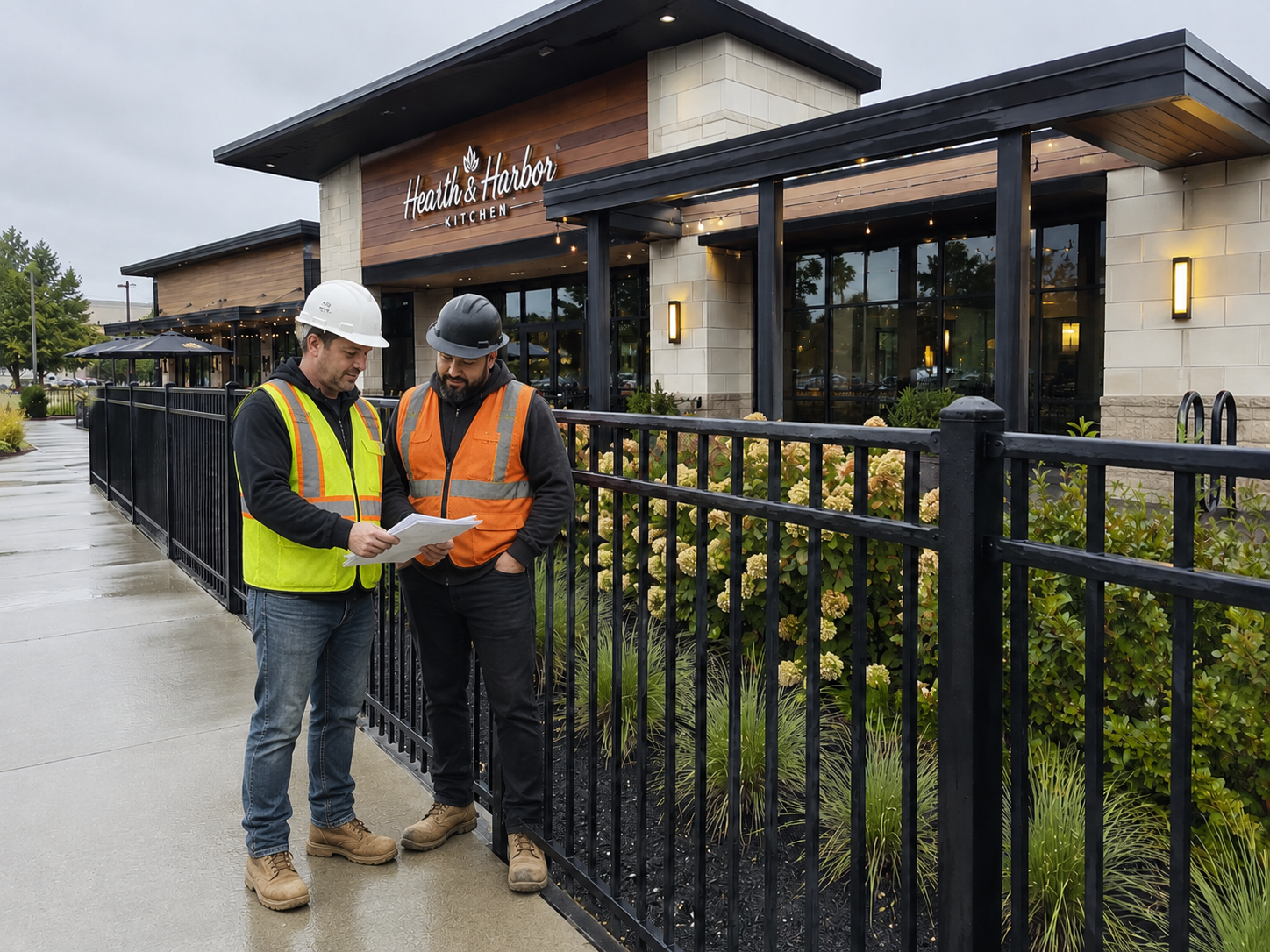 Fencing contractors reviewing plans outside a commercial property for a fencing company sale